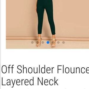 Off Shoulder Flounce layered sweetheart Tailored Jumpsuit in dark green color